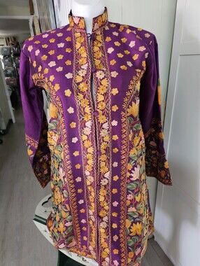 Al Basir Kashmiri Hand Embroidered Jacket/Coat Purple Floral Aari Boho 40"x37 "